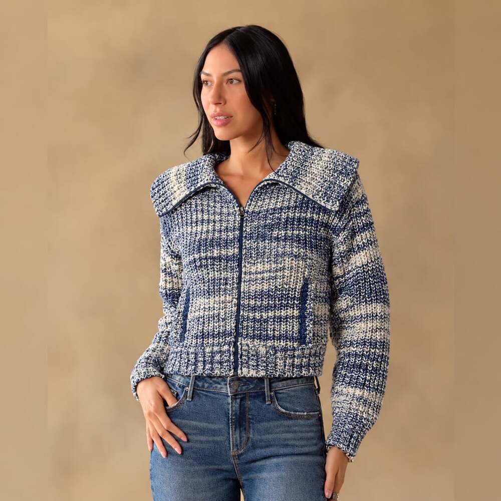 Sundance Tamara Blue Cream Space Dye Chunky Knit Zip Cardigan Sweater S